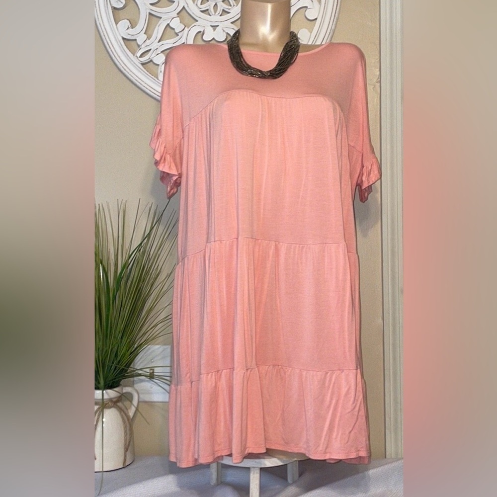 Charlotte Avery womens dress Large peach tiered mini stretch solid short sleeve - Picture 2 of 7